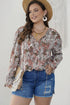 Khaki Plus Size Printed Long Sleeve Drawstring V Neck Blouse